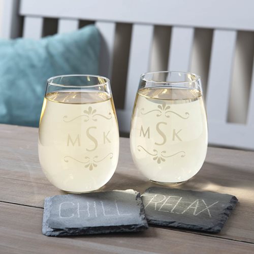 Engraved Wine Glass and Coasters