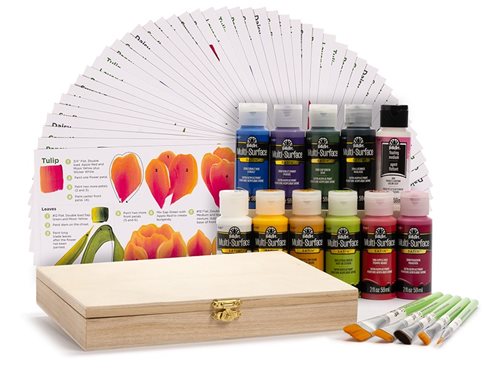 FolkArt Z' Floral One Stroke Kit, Including 10 Multi-Surface Paints, 5 Brushes, 50 full-color Teaching Guides, 1 Floating Medium, and A Wood Storage