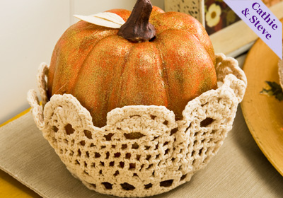 Thanksgiving Pumpkin Nested in a Doily Bowl