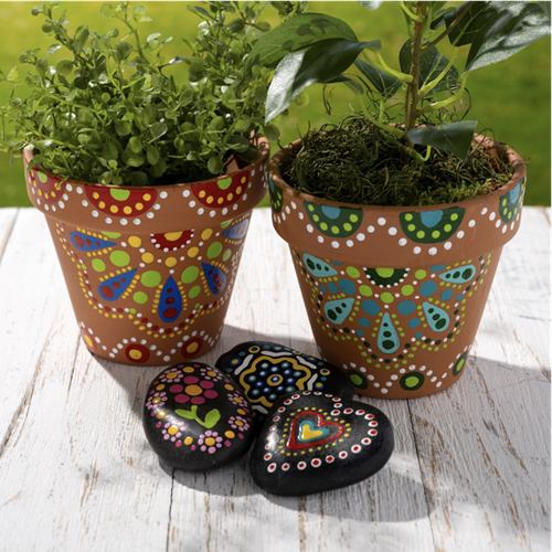 Planters and Painted Rocks with FolkArt Dots