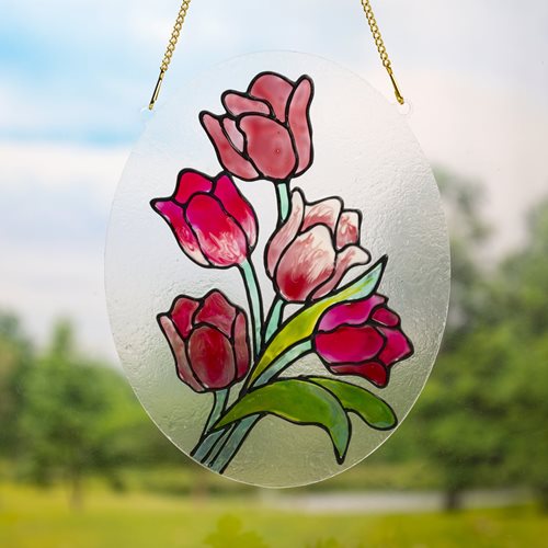 Red and Pink Tulips on an Oval Suncatcher