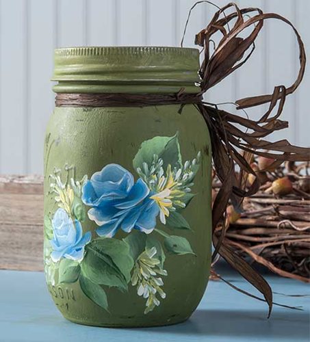 Decorated Blue Roses Mason Jar