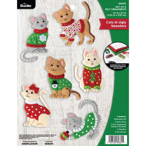 Bucilla ® Seasonal - Felt - Ornament Kits - Cats in Ugly Sweaters - 89381E