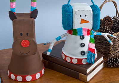 Whimsy Clay Pot Snowman and Reindeer