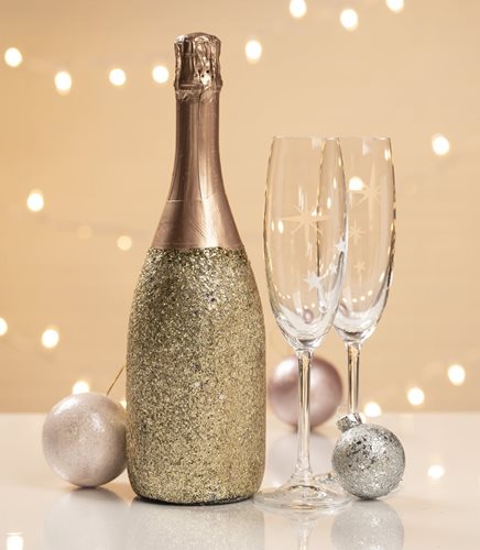 Icy Pastel Etched Champagne Flutes & Glitter Champagne Bottle