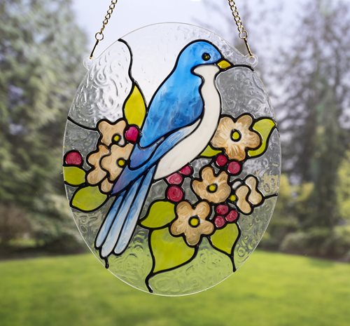 Blue Bird in Flowers Window Art