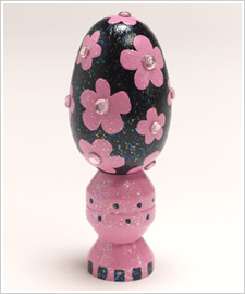 Sparkly Black Egg with Pink Flowers and Rhinestones