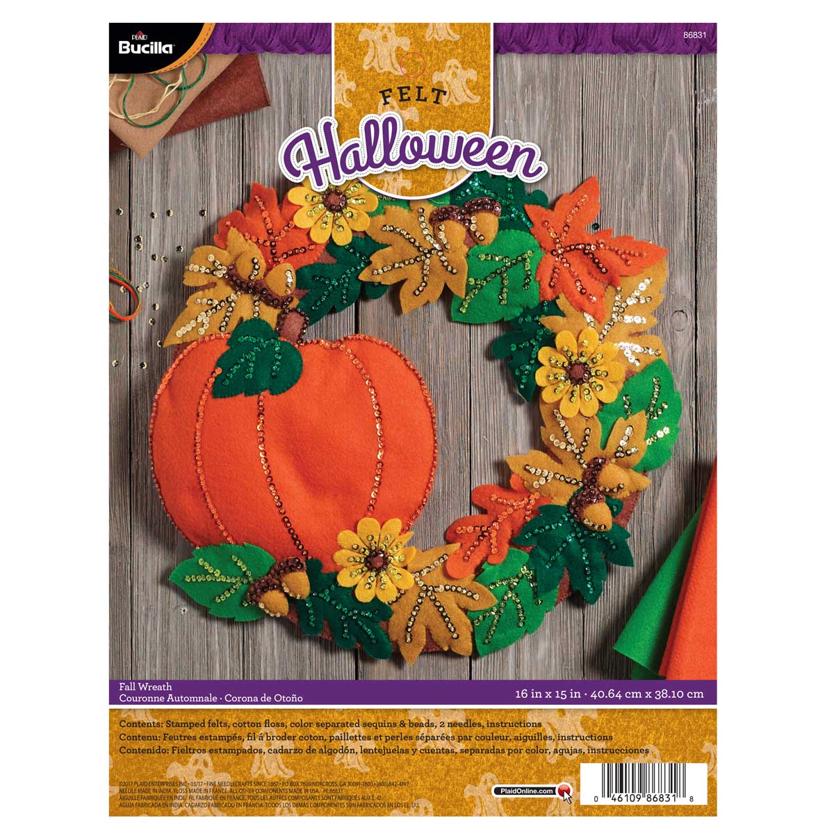 Fall Wreath Bucilla Felt Home Decor Kit 86831, Pumpkin, Acorns, Oak Leaves  