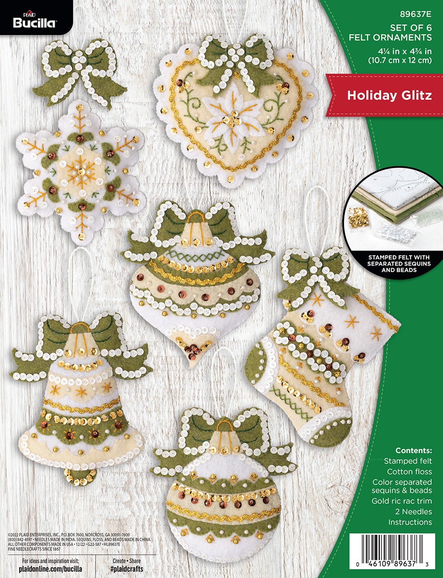 Bucilla Felt Applique 6 Piece Ornament Making Kit, Beaded Elegance, Perfect  for DIY Arts and Crafts, 89494E