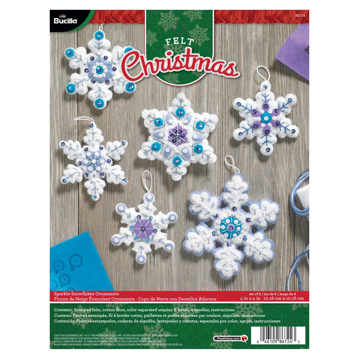 Sparkle Snowflakes Set of 6 Bucilla 4"x4" Felt Applique Ornaments Kit 