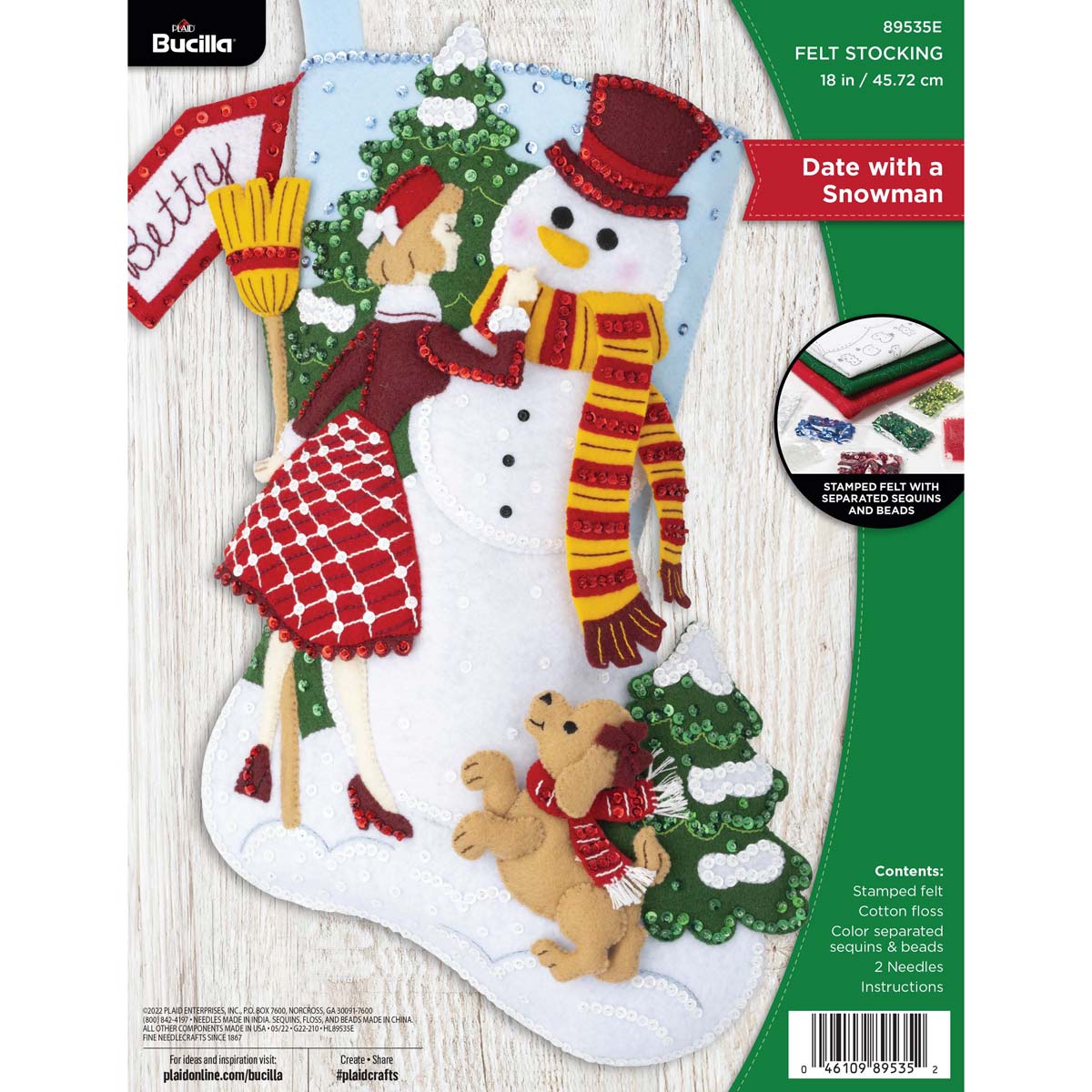 Bucilla 18-inch Christmas Stocking Felt Applique Kit, Woodland Snowman