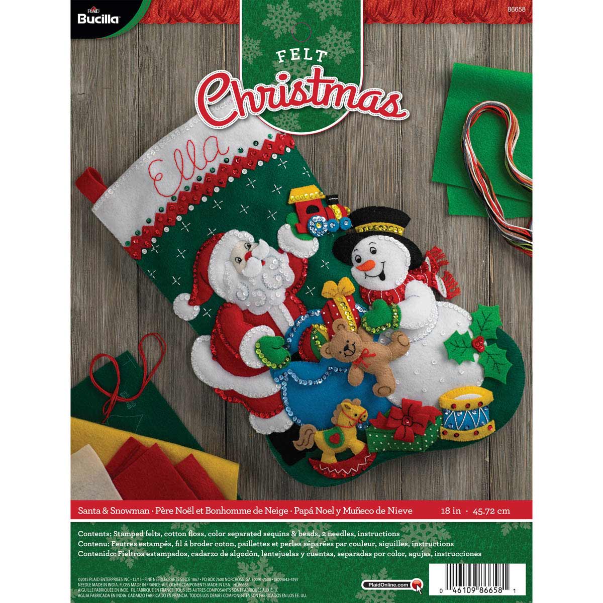 Bucilla Felt Stocking Applique Kit 18 Long-Santa & Snowman