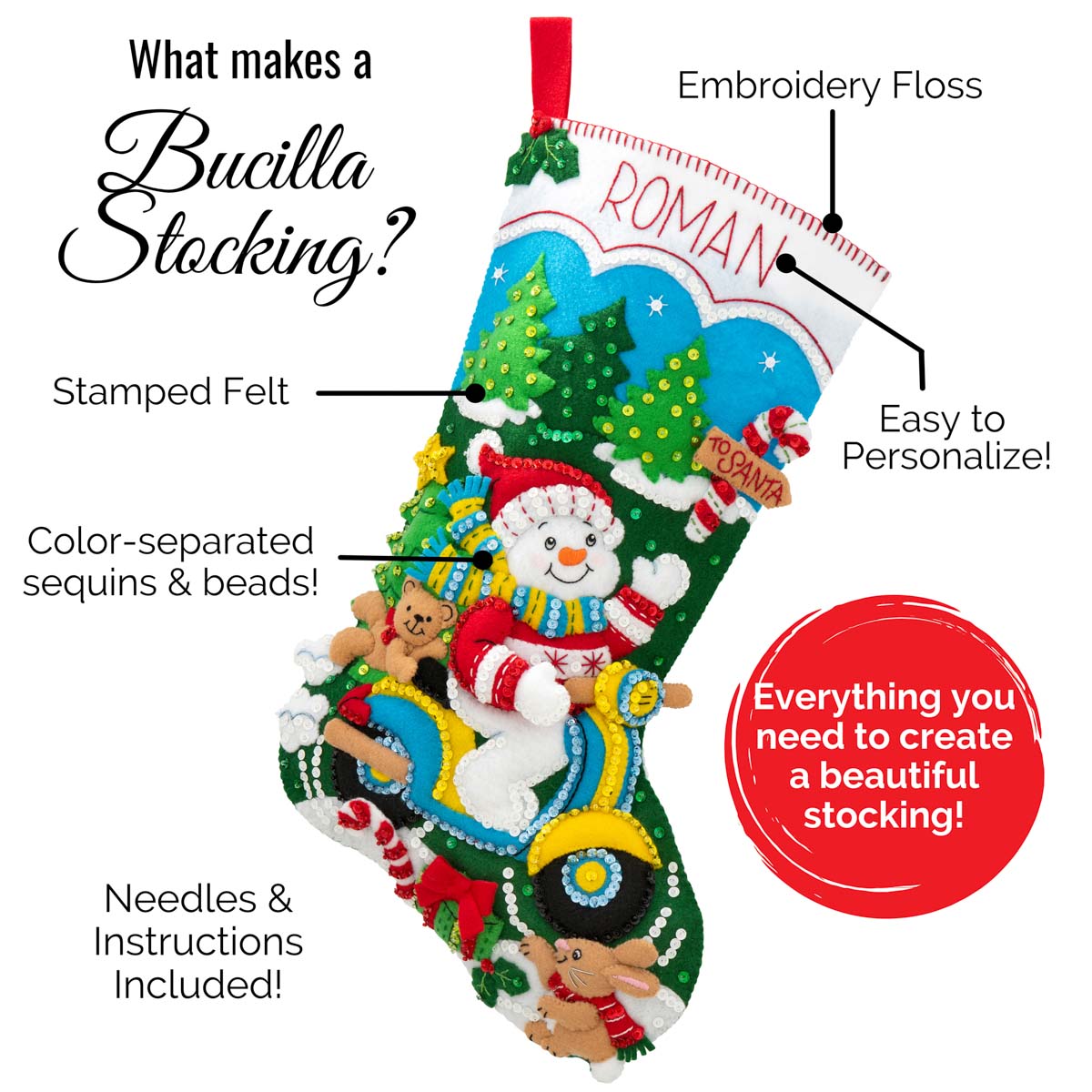 Bucilla Felt Applique Christmas Stocking Kit MOONLIGHT SANTA 18 inch