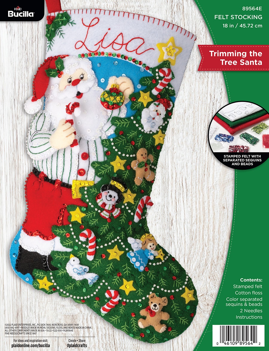 Bucilla Felt Applique Christmas Stocking Kit TRIMMING THE TREE SANTA 18 in