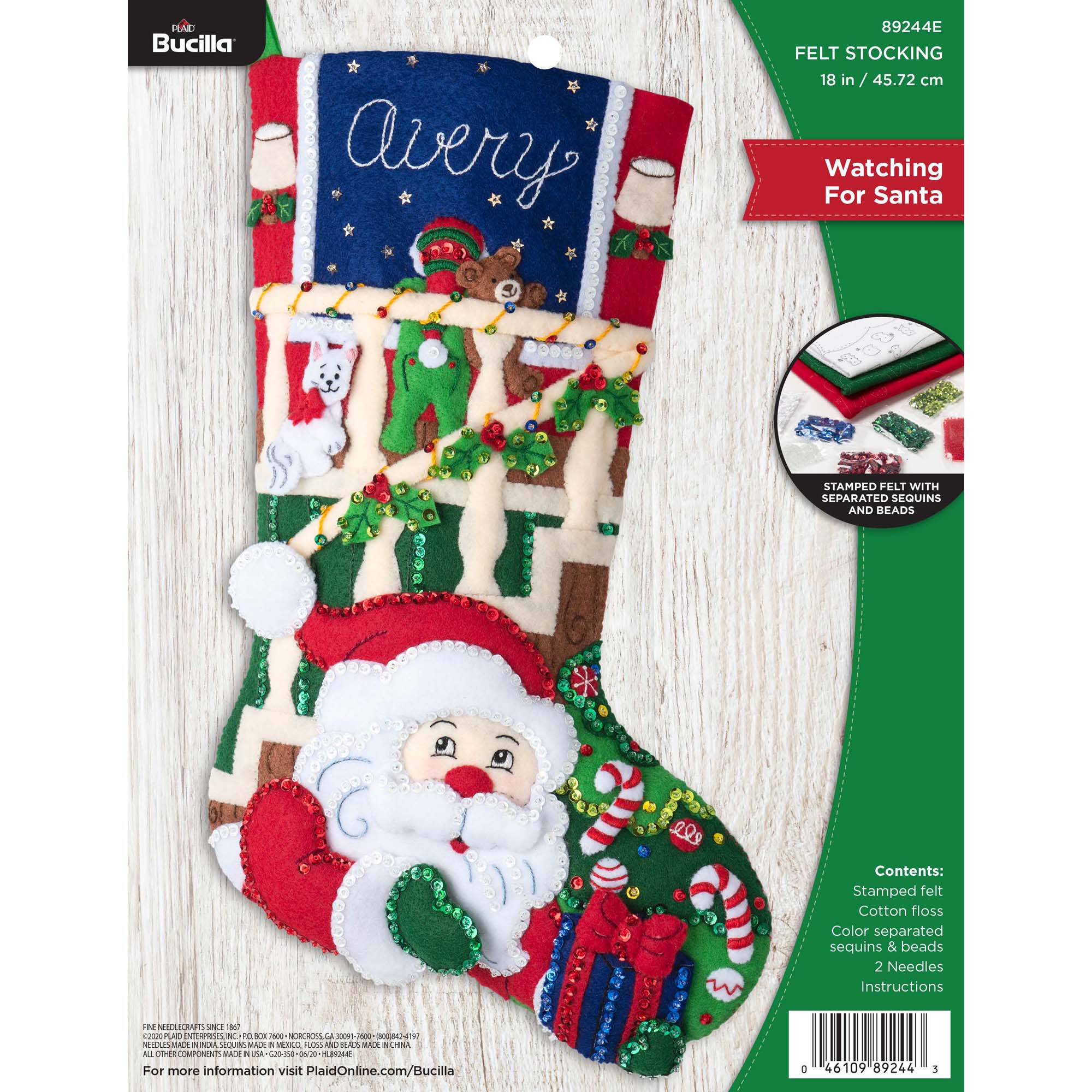  Bucilla Felt Applique 18 Stocking Making Kit, Stars and  Stripes Santa, Perfect for DIY Arts and Crafts, 89472E