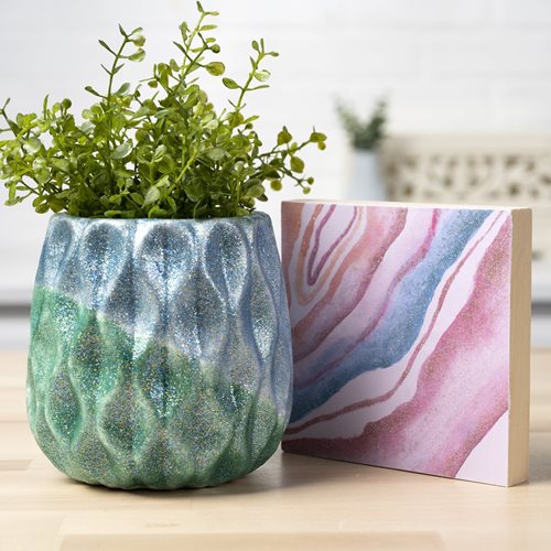 Aqua and Evergreen Glittered Planter & Geode Canvas
