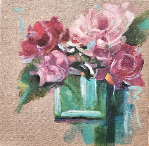 Pink Flowers in a Green Vase