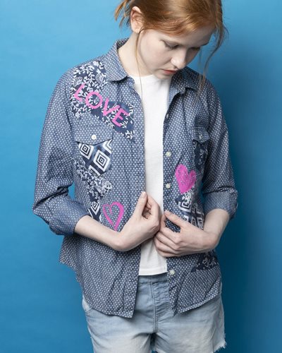 Denim Shirt with Fabric Patterns & Patches