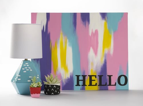 "Hello" Canvas, Lamp, and Painted Pots