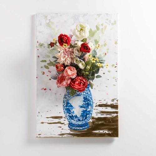 Floral Elegance – Blue and White China Vase with Floral Stems on Canvas