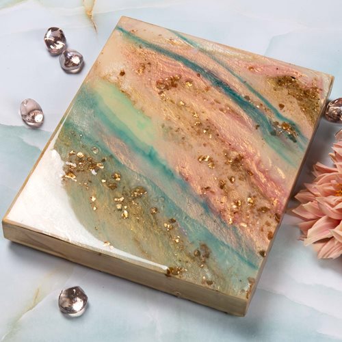 Coral, Aqua and Gold Poured Resin Canvas