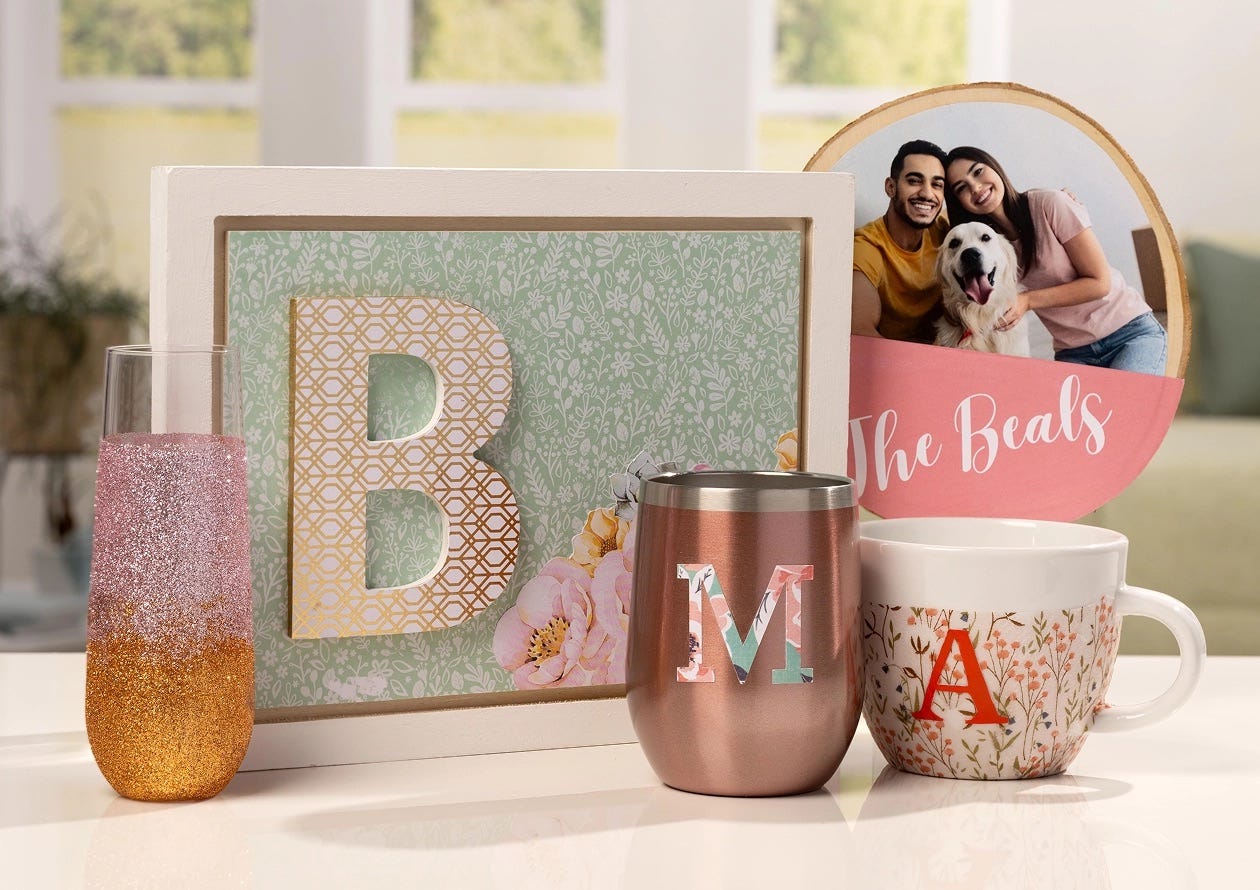 Custom Mod Podge crafts featuring monogrammed cups, a glittered glass, a framed letter 'B', and a personalized photo sign.