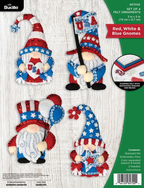 Bucilla ® Seasonal - Felt - Ornament Kits - Red, White & Blue Gnomes - 89700E