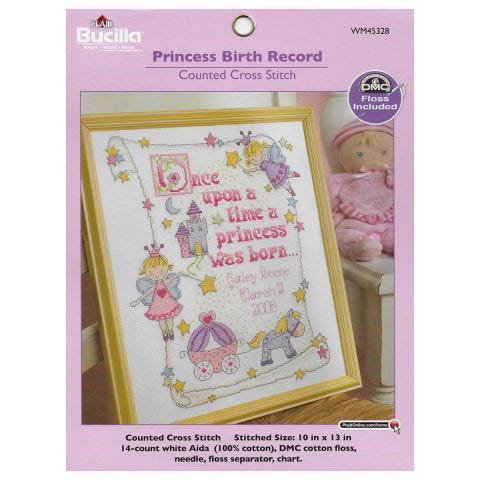 Bucilla ® Baby - Counted Cross Stitch - Crib Ensembles - Princess - Birth Record Kit - 45328