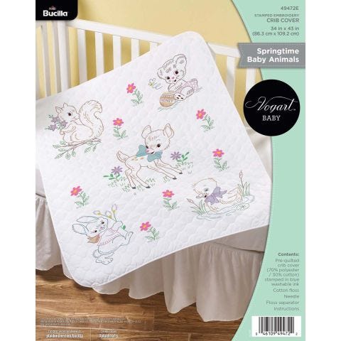 Bucilla ® Baby - Stamped Cross Stitch - Crib Ensembles - Springtime Baby Animals - Crib Cover - 49472E