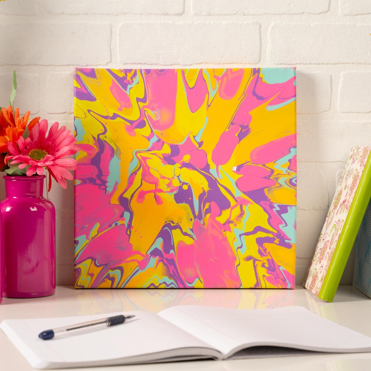 Poured and Spun Pink and Yellow Canvas