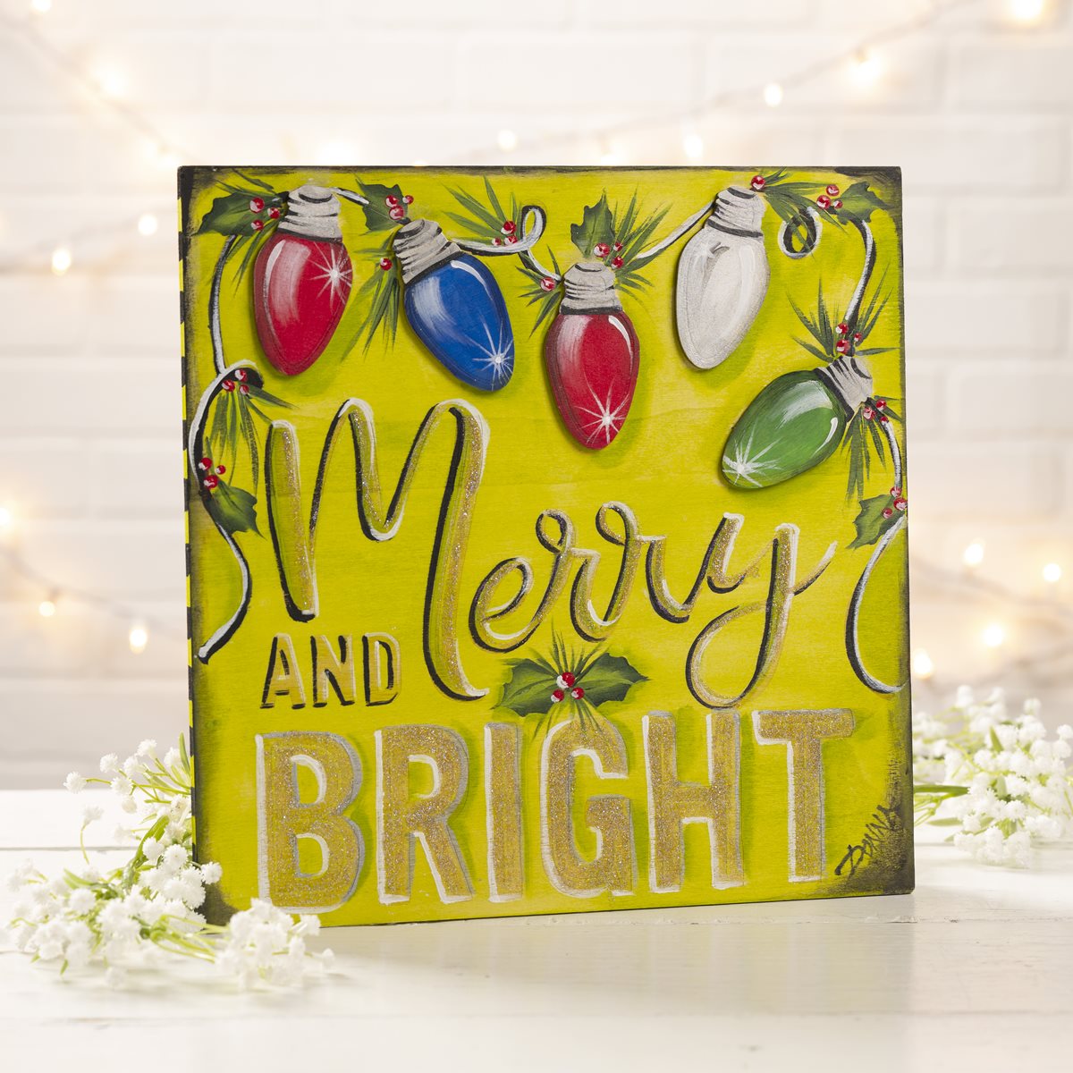 Merry and Bright Pre-lettered Easel Wood Sign