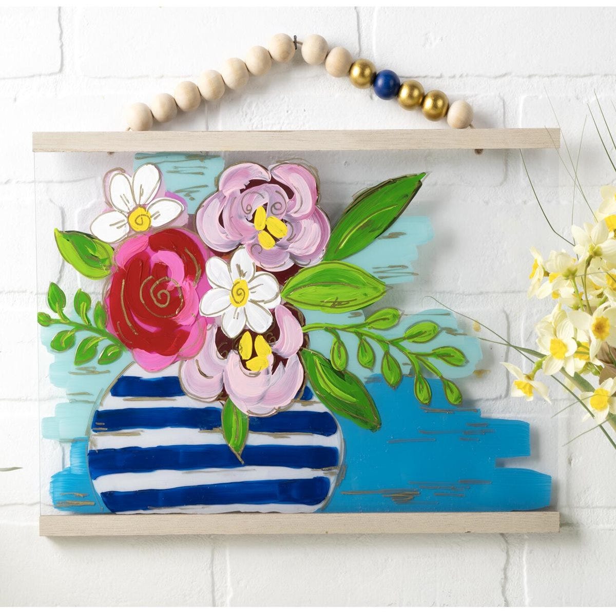 Floral Painting on Beaded Plexiglas Plaque