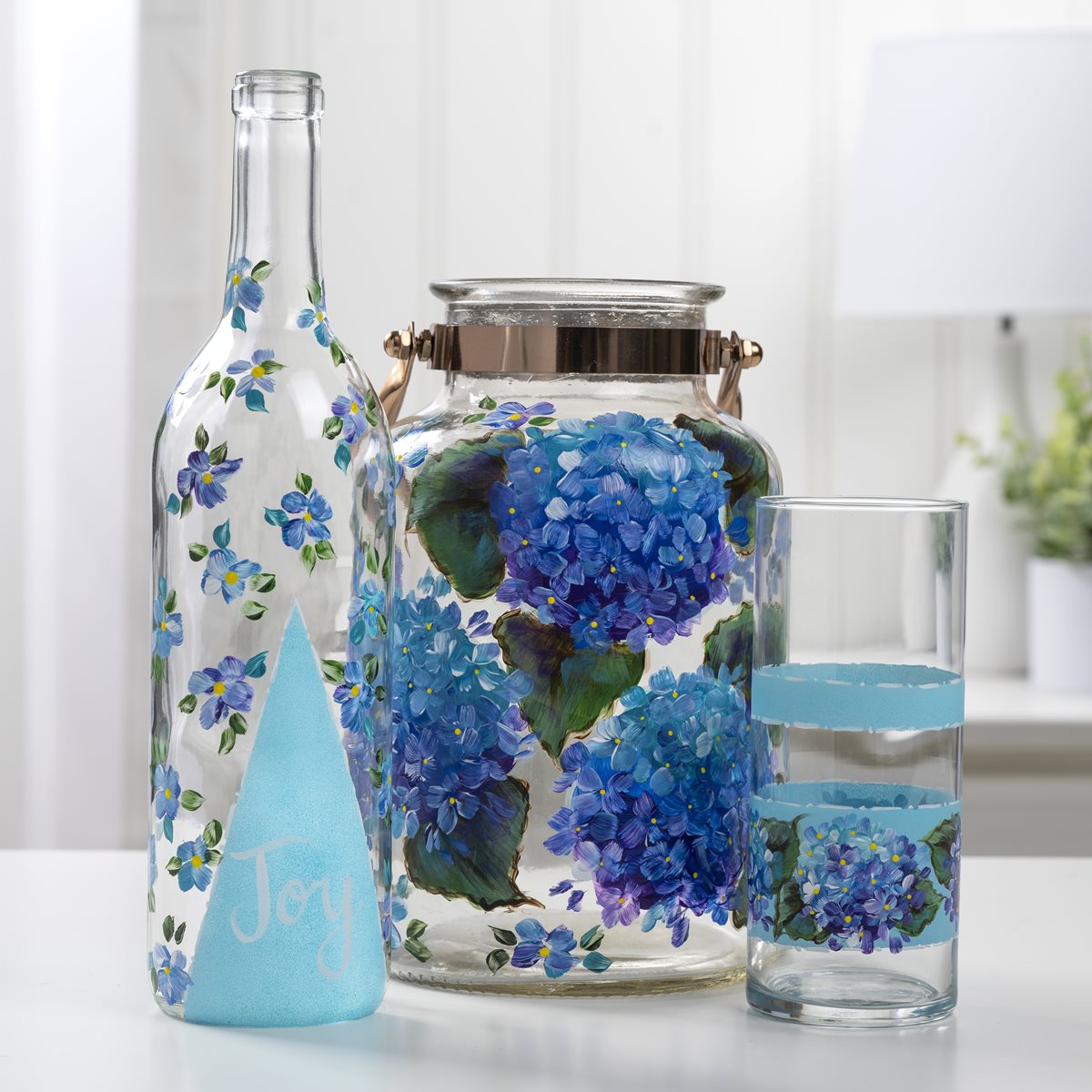 Painted Glassware Hydrangea Trio