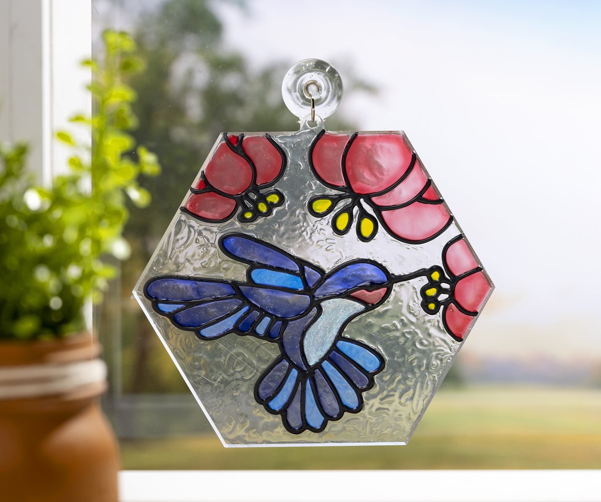 Hummingbird and Pink Flowers Window Art