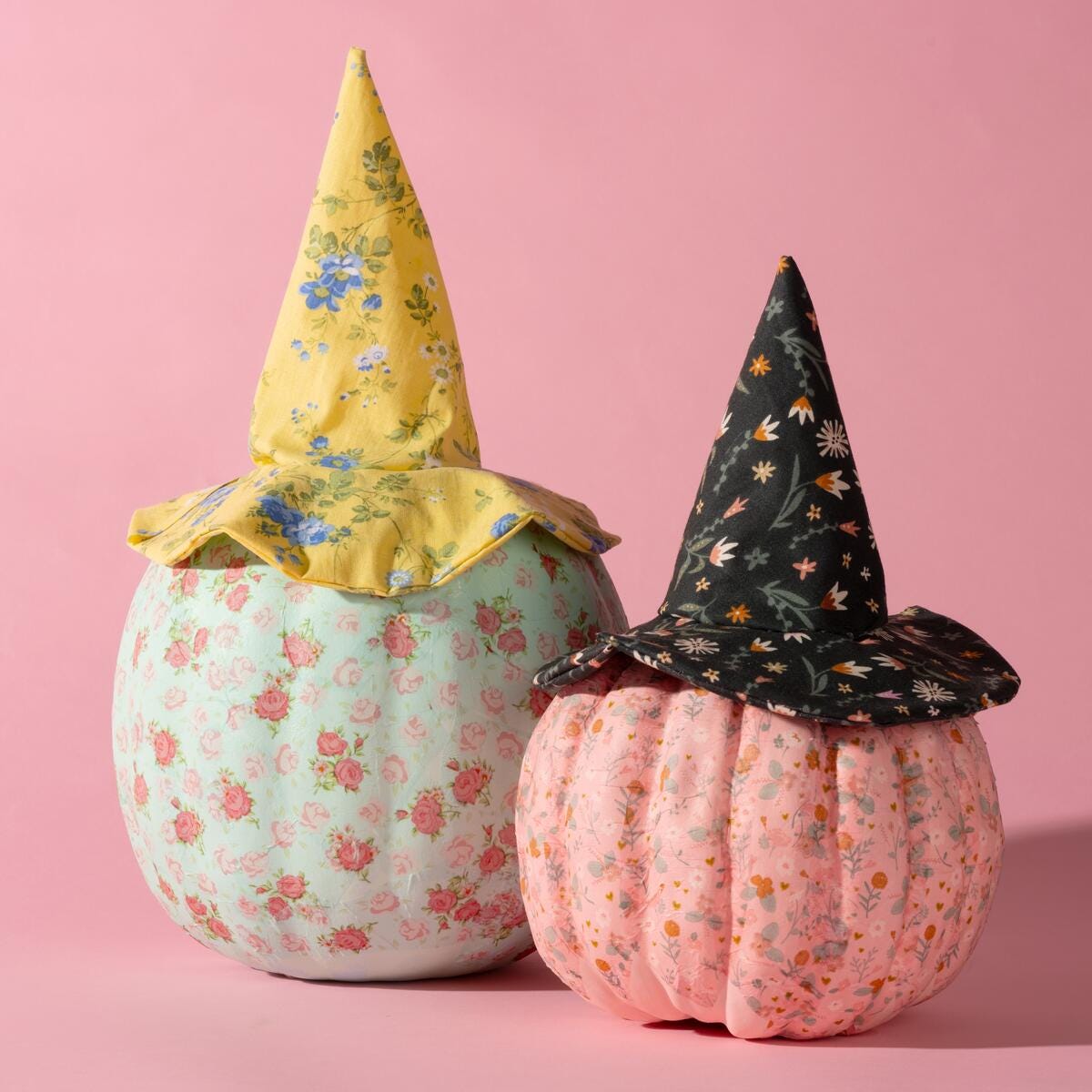 Decoupaged pumpkins with florals and fabric witch hats