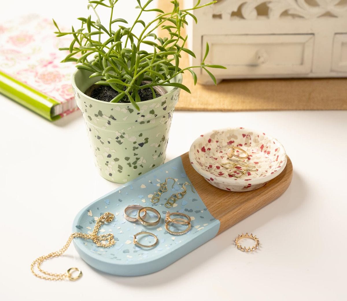 Green Terrazzo Planter and Trinket Trays