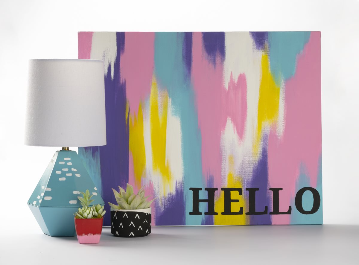 "Hello" Canvas, Lamp, and Painted Pots