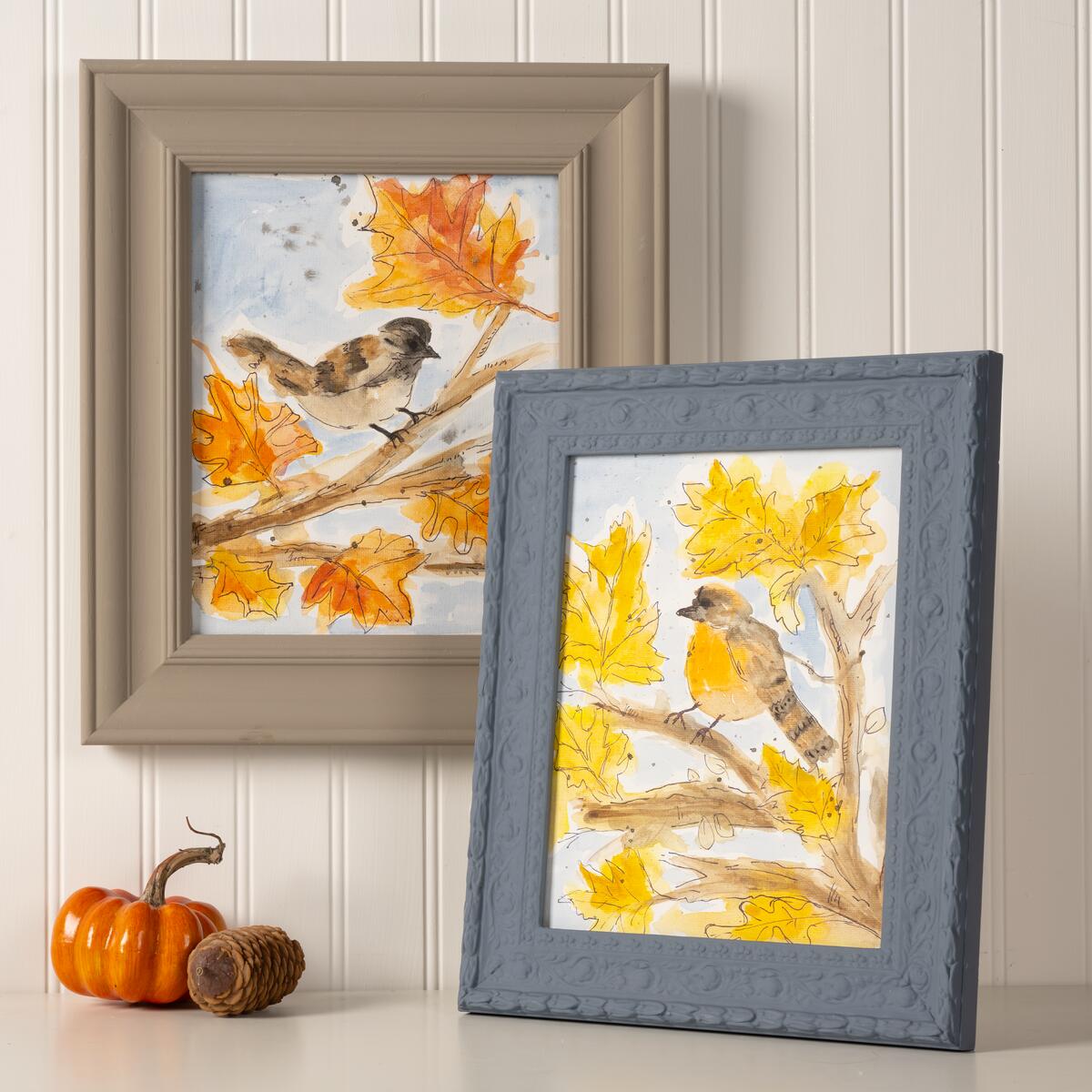 Two paintings with fall birds as the motif