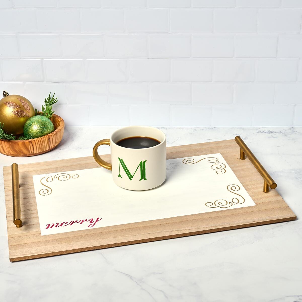 Festive Cheer: 'Merry' Holiday Tray and Monogrammed Mug Set