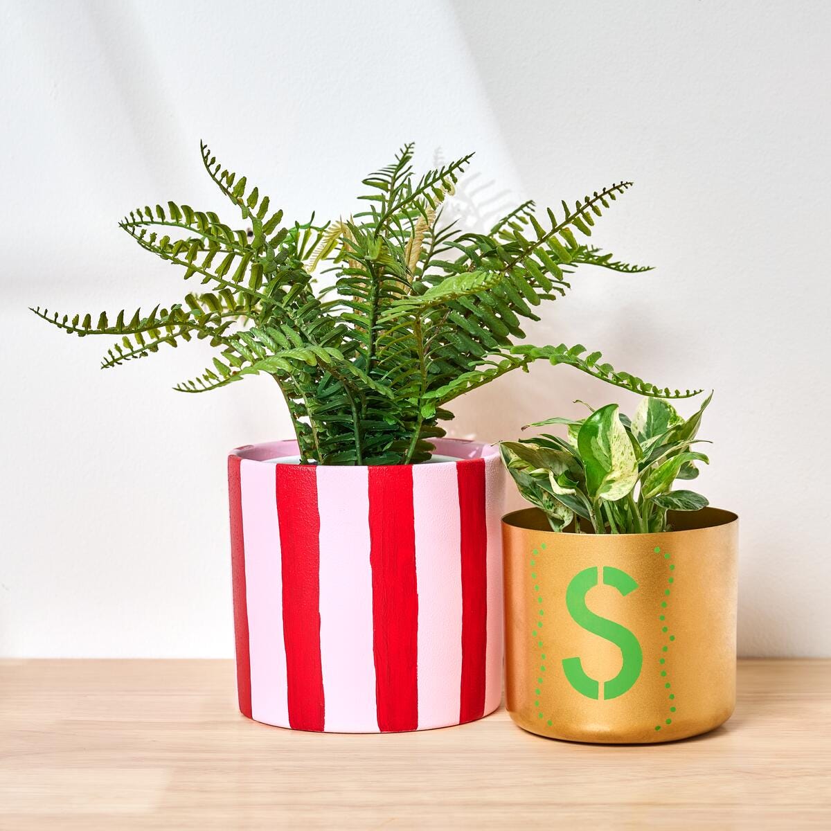 Two planters painted with Martha Stewart Holiday Classics paint