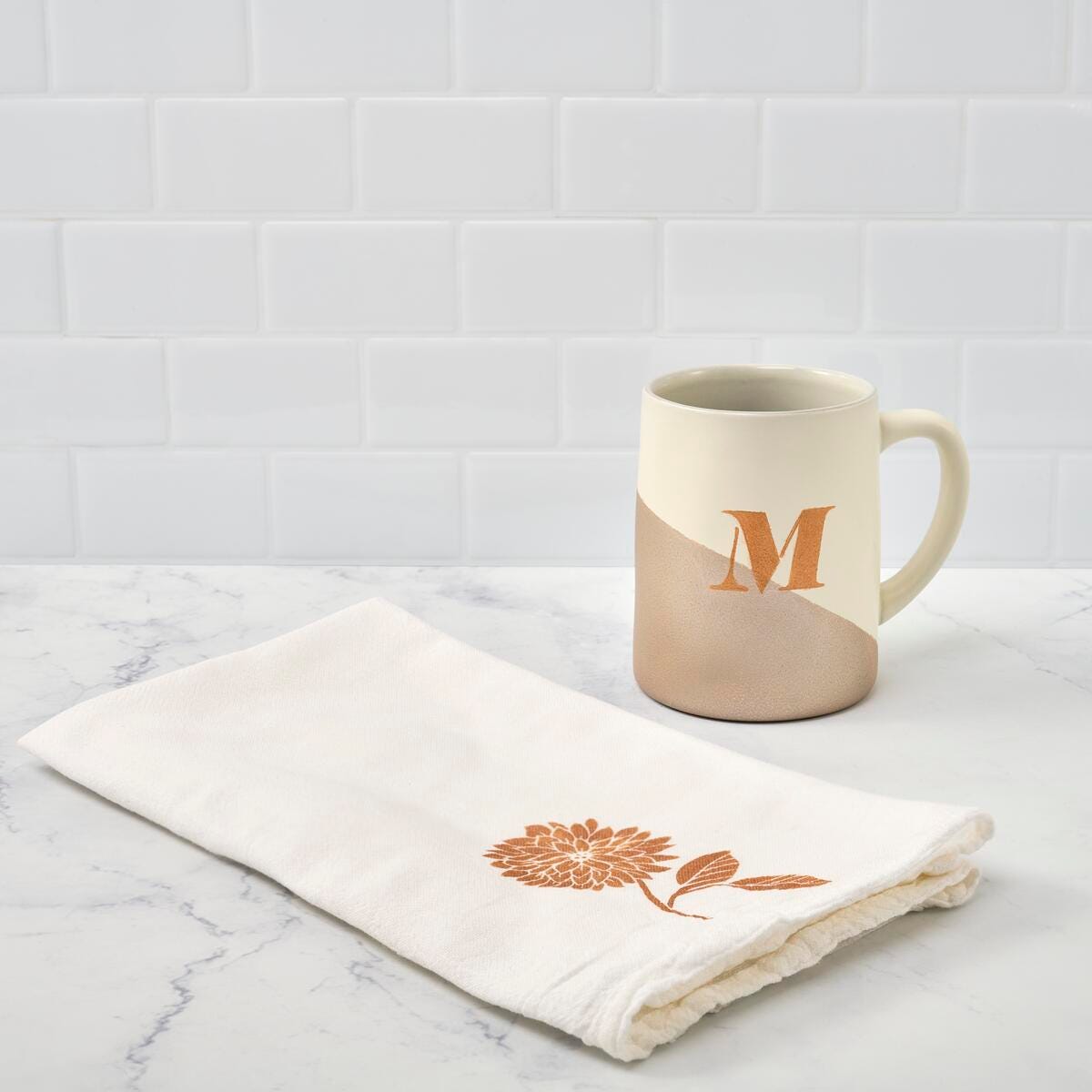 Elegant Metallic Tea Towel and Mug Set