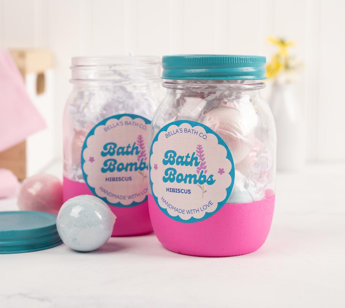 Jars with branded packaging and bath bombs inside