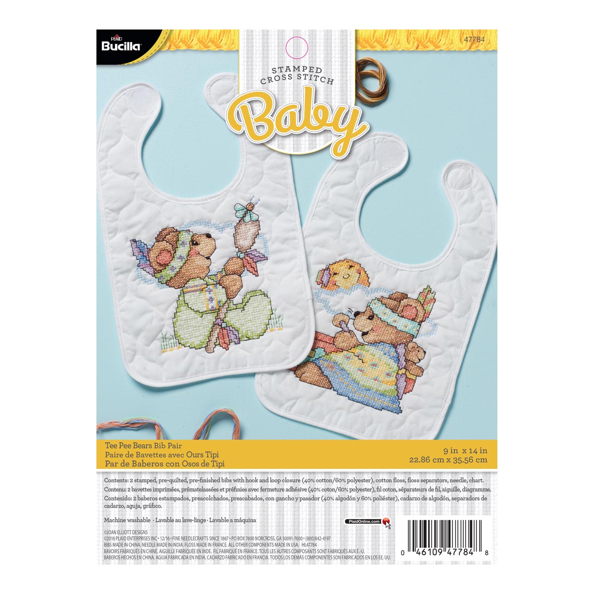 Bucilla ® Baby - Stamped Cross Stitch - Crib Ensembles - Tee Pee Bears Bib Pair Kit - 47784