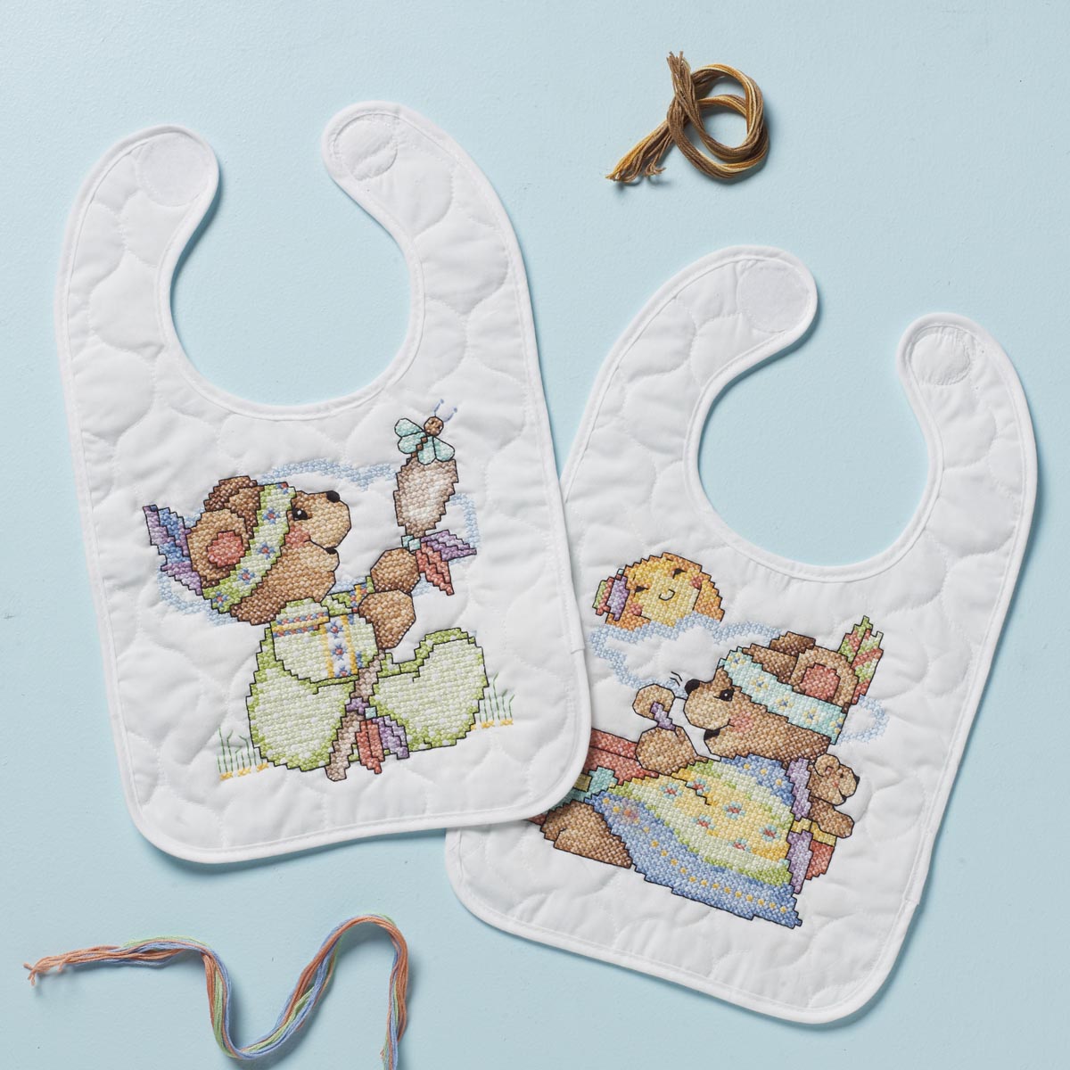 Bucilla ® Baby - Stamped Cross Stitch - Crib Ensembles - Tee Pee Bears Bib Pair Kit - 47784