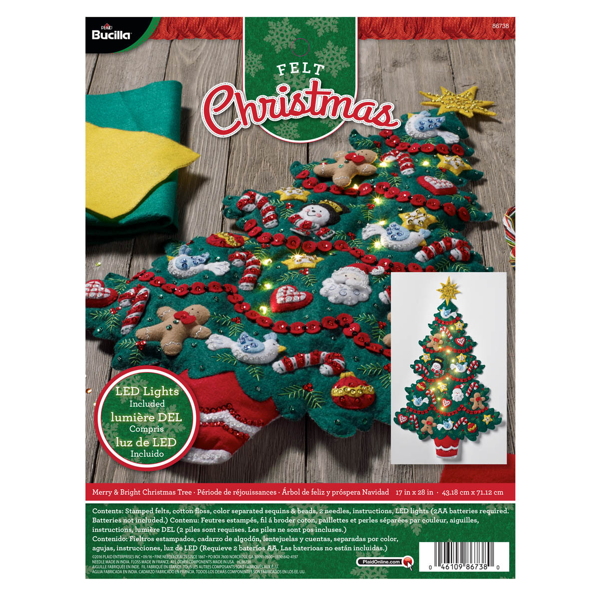 Bucilla ® Seasonal - Felt - Home Decor - Merry and Bright Christmas Tree Wall Hanging with Lights - 