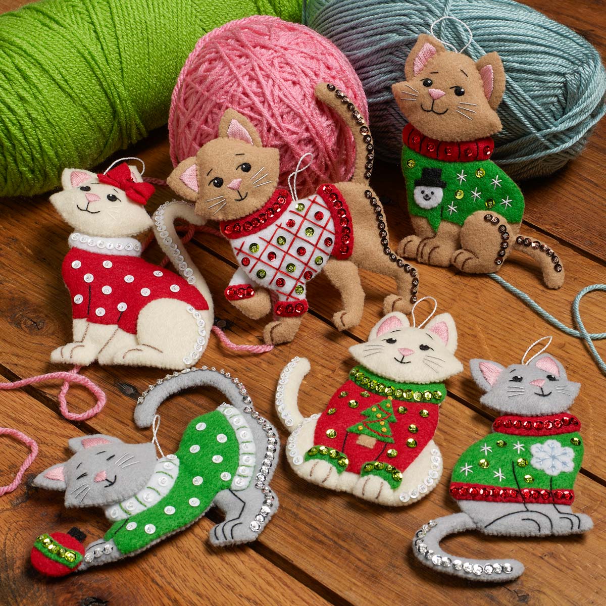Bucilla ® Seasonal - Felt - Ornament Kits - Cats in Ugly Sweaters - 89381E