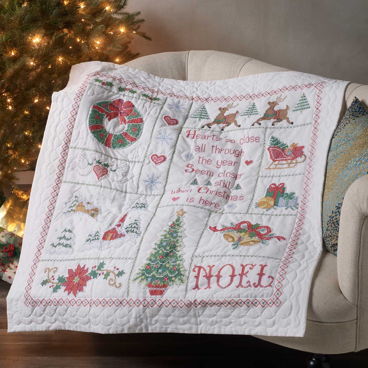 Bucilla ® Seasonal - Stamped Cross Stitch - Lap Quilt - Christmas Sampler - 86982E
