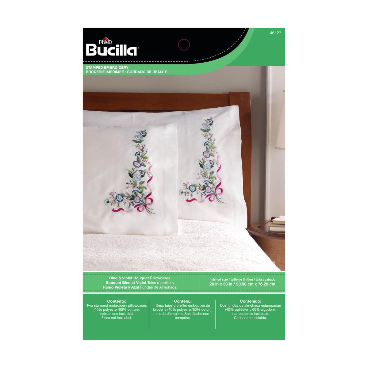 Bucilla ® Stamped Cross Stitch & Embroidery - Pillowcase Pairs - Blue & Violet Bouquet