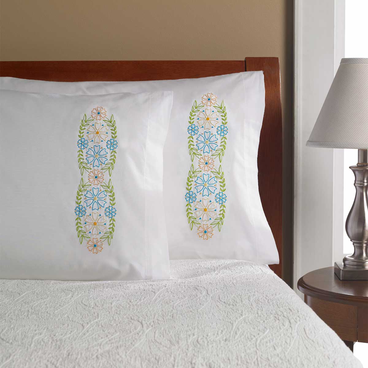 Bucilla ® Stamped Cross Stitch & Embroidery - Pillowcase Pairs - Modern Floral