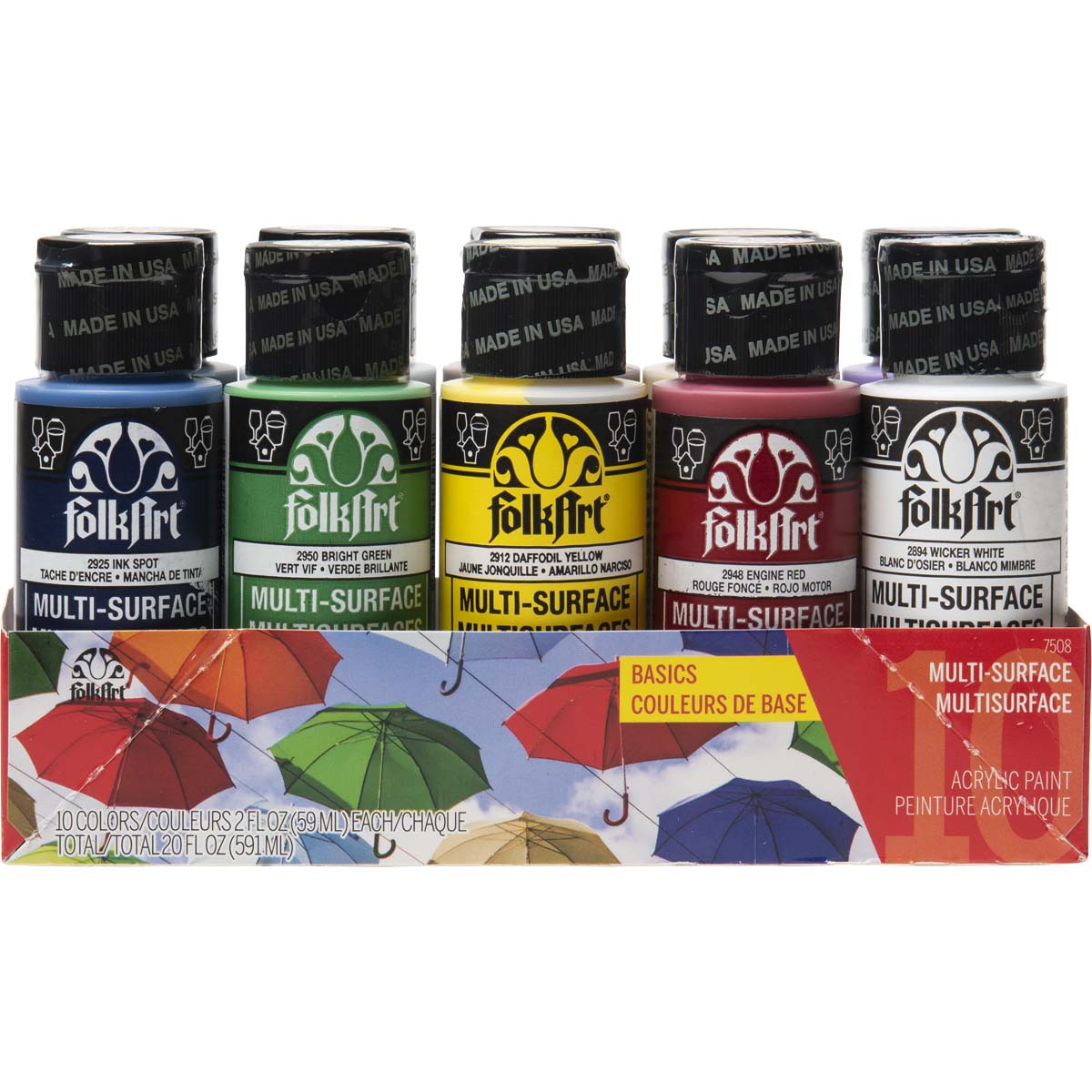 FolkArt ® Multi-Surface Satin Acrylic Paint 10 Color Set - Basics - 7508